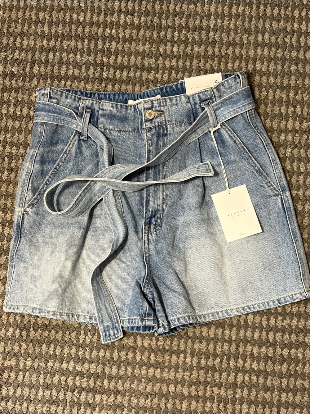 High-Rise Light Blue Denim Shorts with Self-Tie Belt NWT